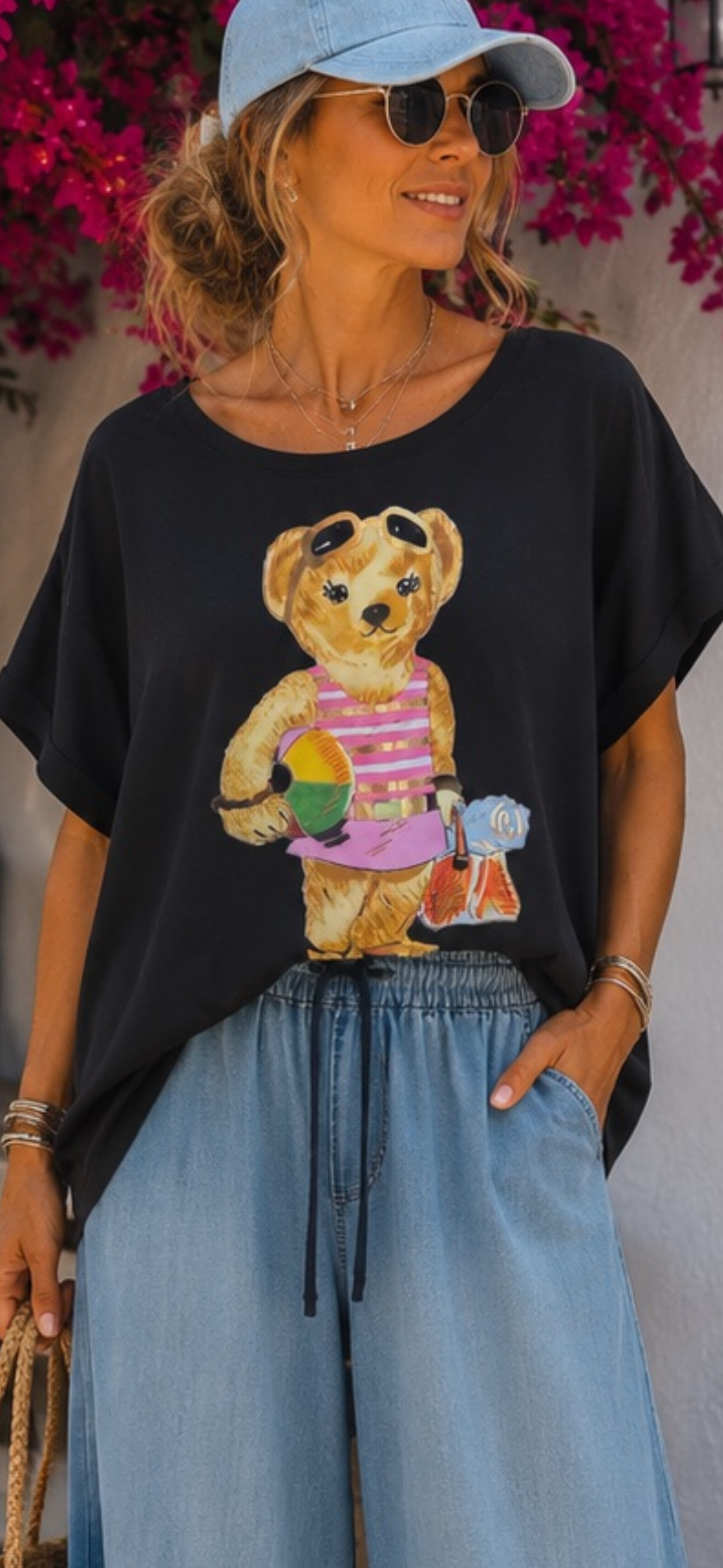 Beach Teddy Damen T-Shirt Schwarz | Sommer Shirt mit Teddybär Motiv | Oversize 38–42 🐻☀️
