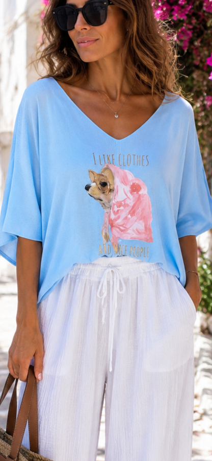 Women's Fine Knit Shirt Dog Motif Oversized Viscose Pink 38-42 Summer Shirt Women