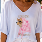Damen Feinstrick-Shirt Hund Motiv Oversize Viskose Rosa 38-42 Sommer Shirt Damen