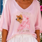 Damen Feinstrick-Shirt Hund Motiv Oversize Viskose Rosa 38-42 Sommer Shirt Damen