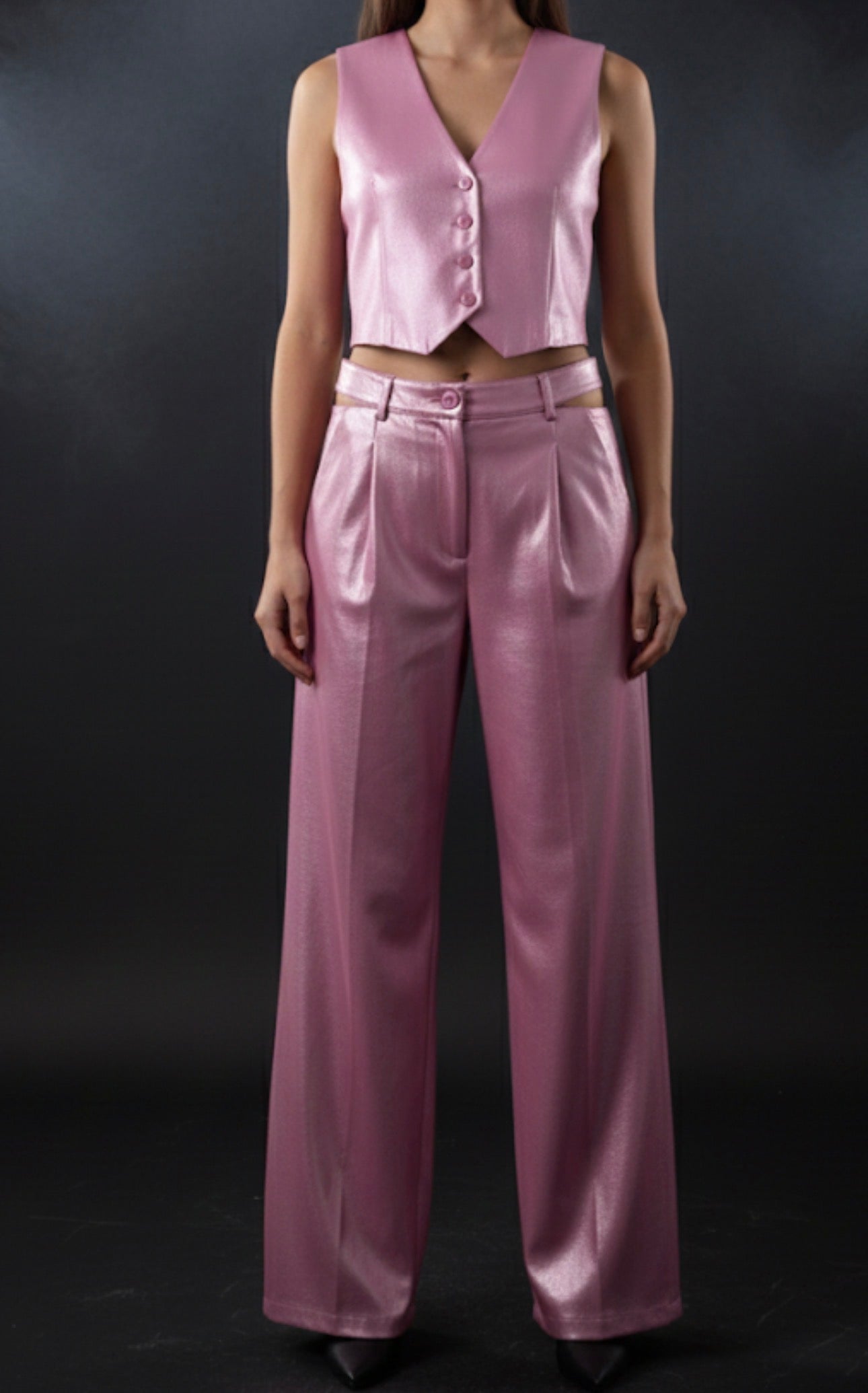 Roze broek met metallic look