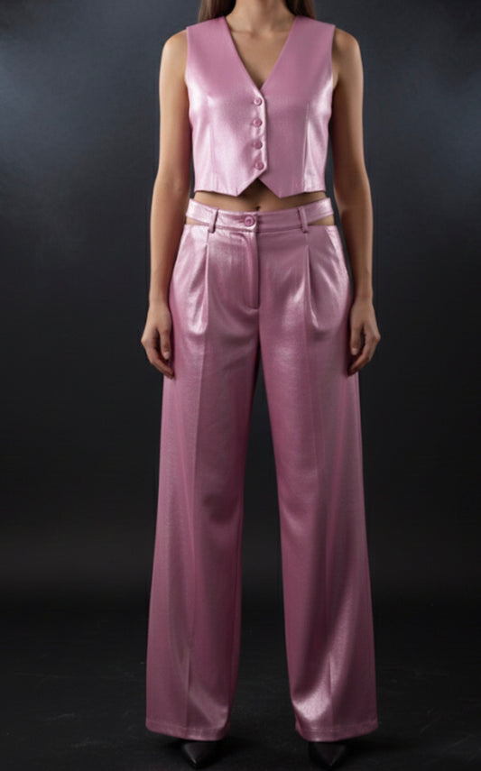 Roze broek met metallic look