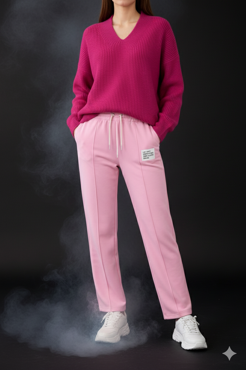 Roze combinatieset bestaande uit een t-shirt en een broek, maten 38-42+