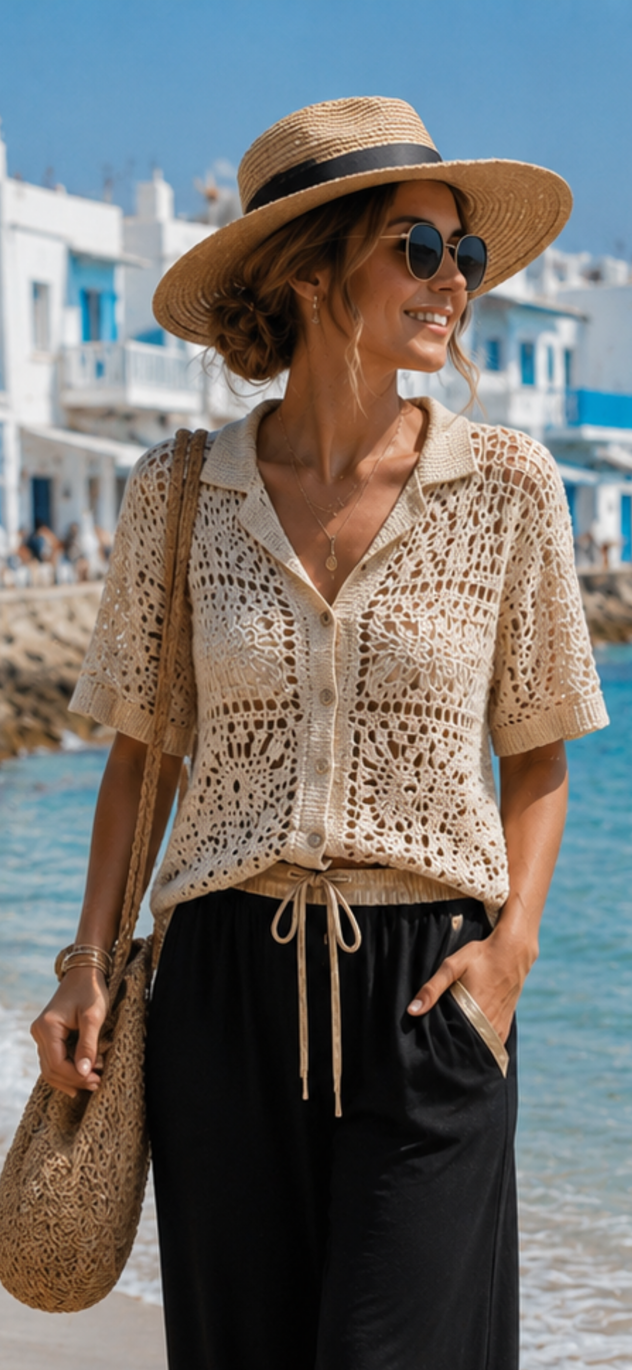 Cotton Crochet Cardigan Beige – Ibiza Style Cardigan with Button Placket | Fits sizes 38–42
