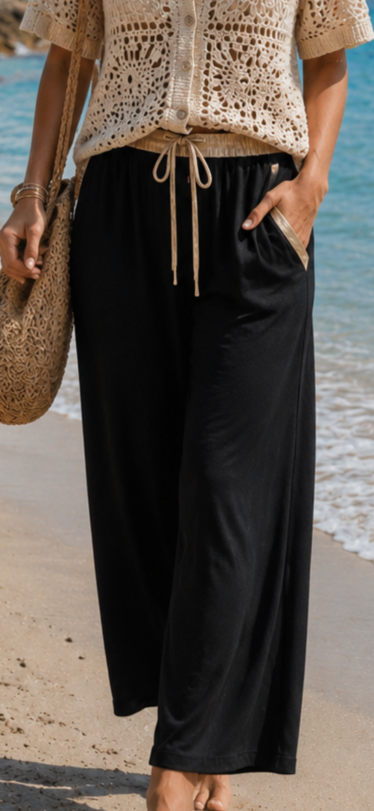 Palazzo Hose Schwarz Gold – 100% Viskose | Weite Sommerhose mit Gold-Details | 38–42