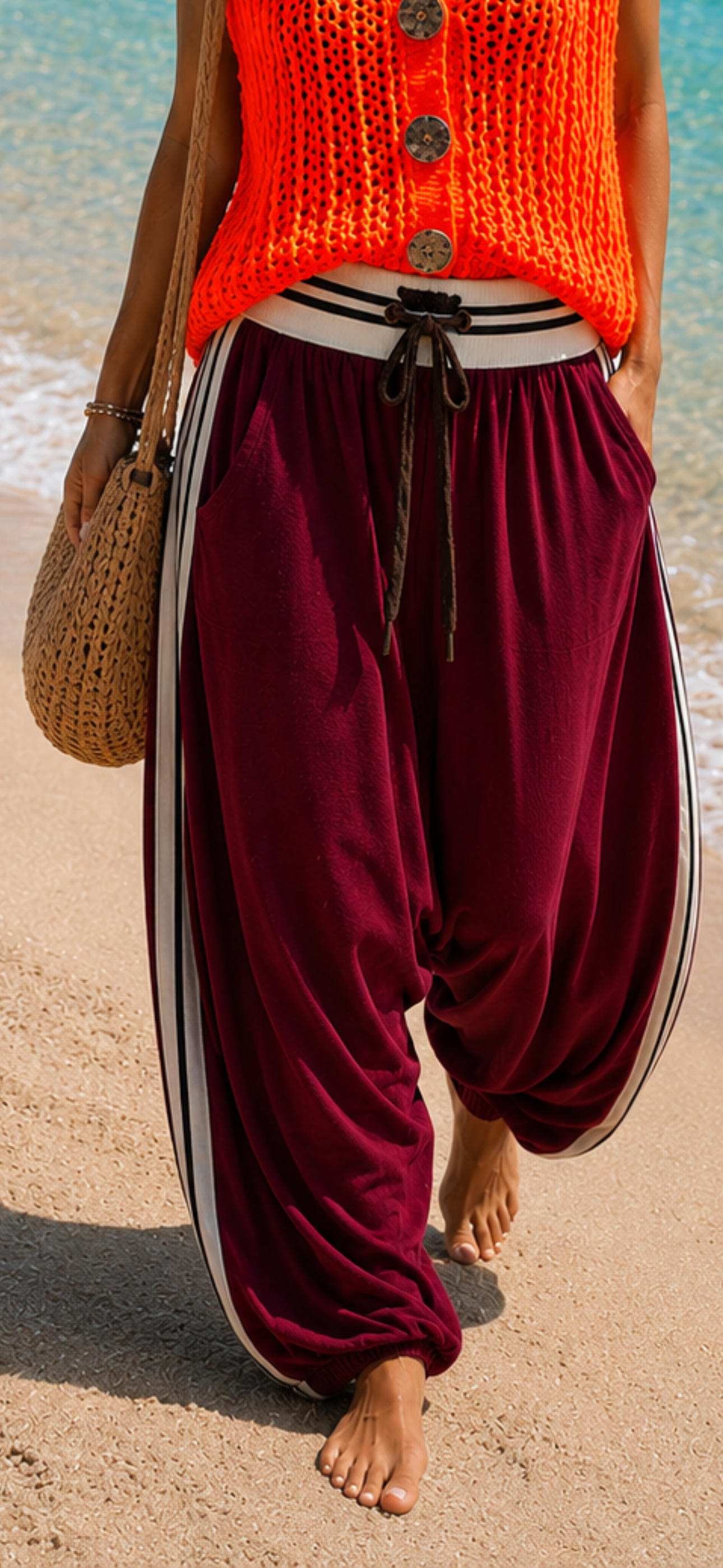 Baggy-Hose Bordeaux mit Seitenstreifen – Oversize Komforthose aus Viskose | 40–44 tragbar