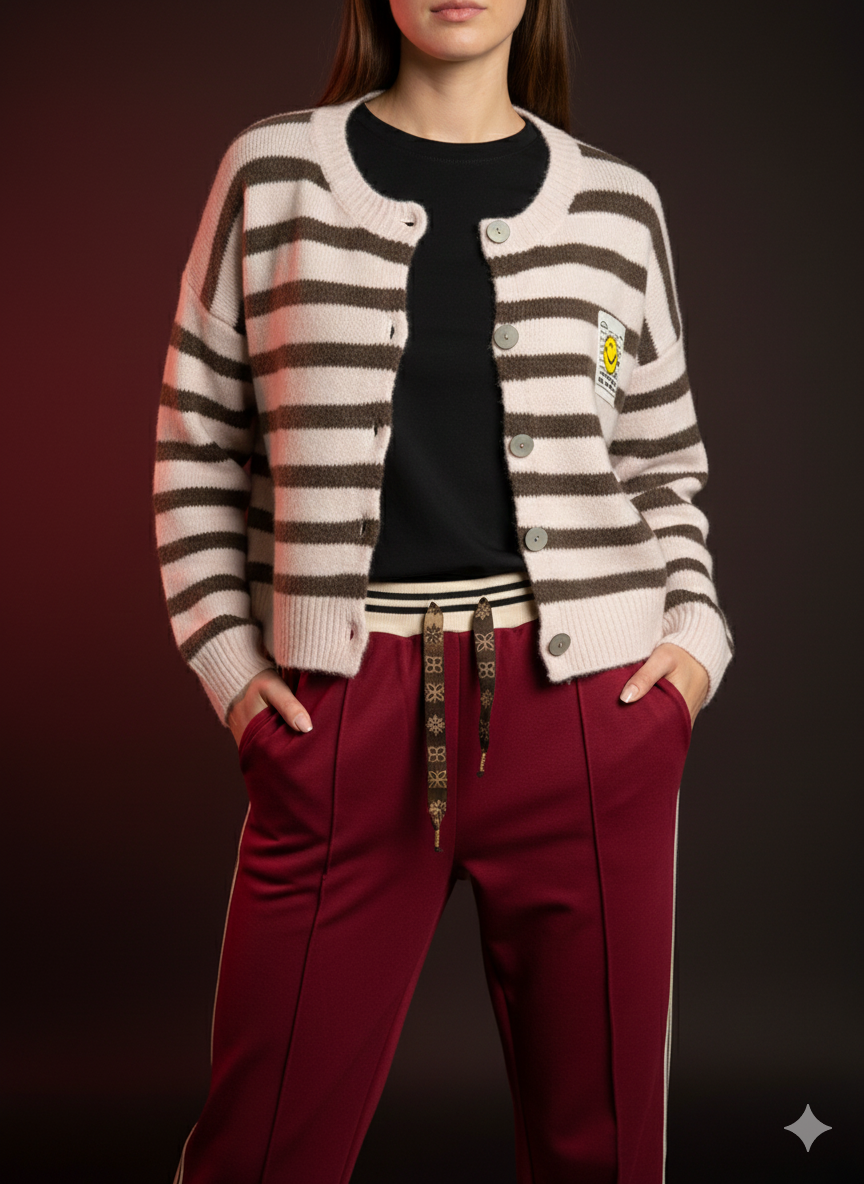 Strickjacke mit Smiley-Patch – in Rosa/Braun