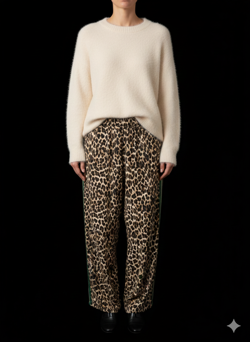 Damenstoffhose mit grünem Streifen weich fallend Leopardenoptik