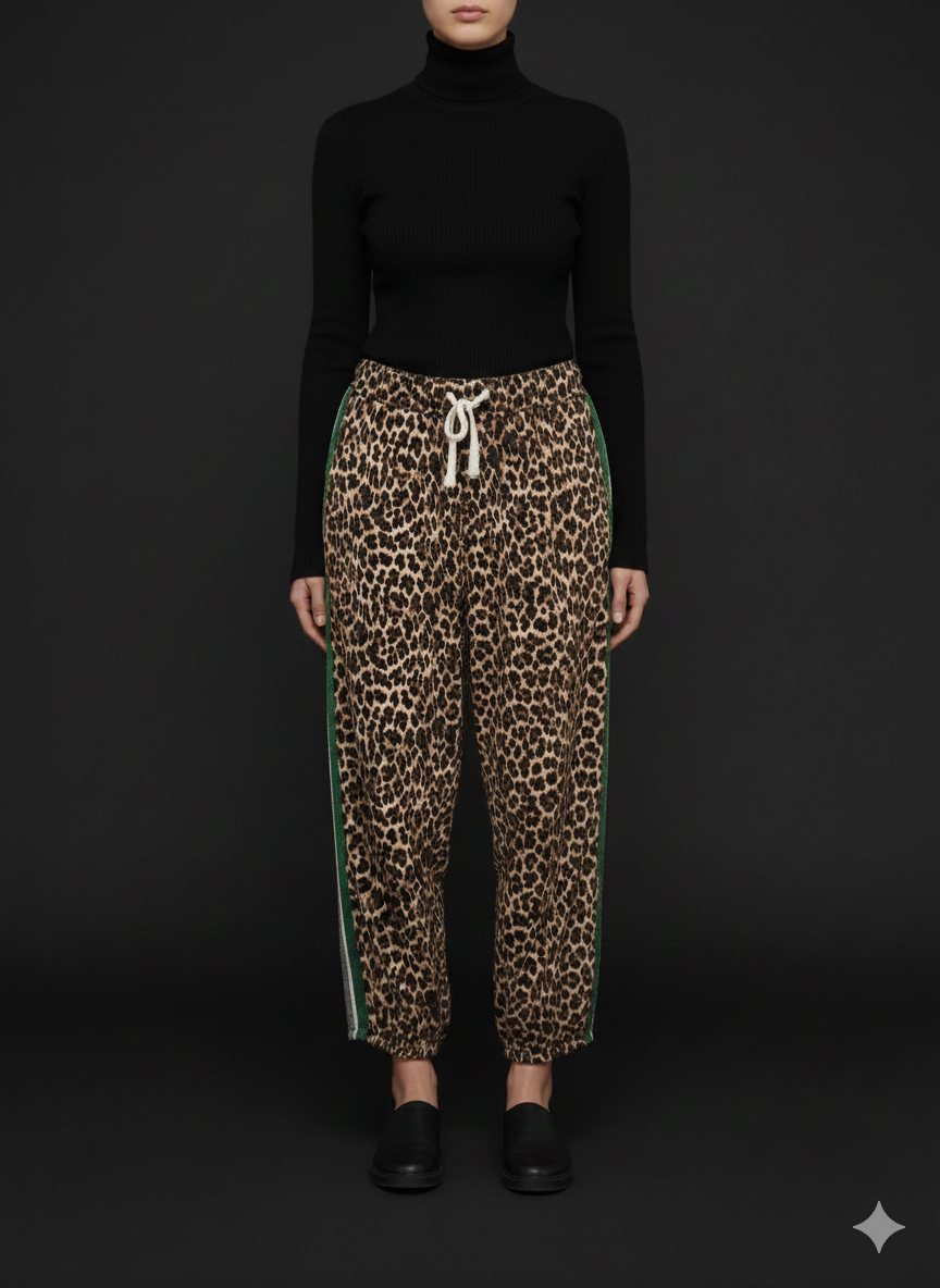 Damenstoffhose mit grünem Streifen weich fallend Leopardenoptik