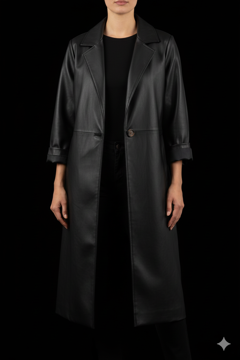 Oversized jas van imitatieleer, zwart – Lange damesjas in leerlook