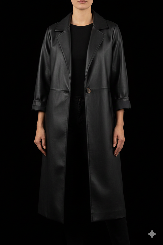 Oversized jas van imitatieleer, zwart – Lange damesjas in leerlook