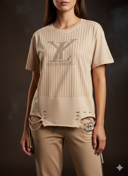 Viskose Damen T-Shirt mit Print – Beige & Weiß