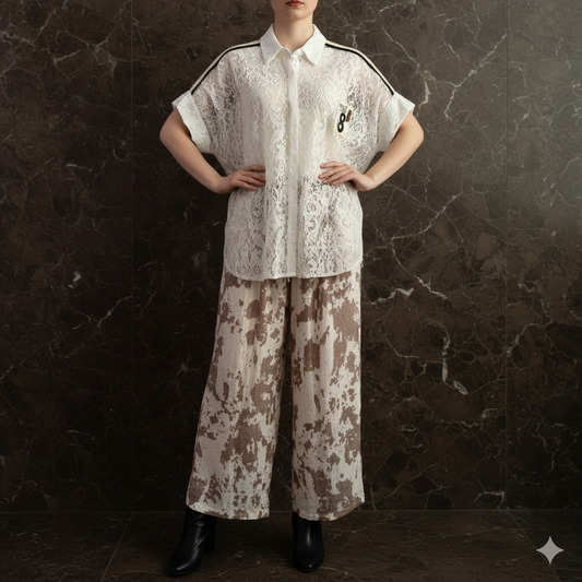 Damesbroek met wijde pijpen en print in beige – zacht en soepel vallend