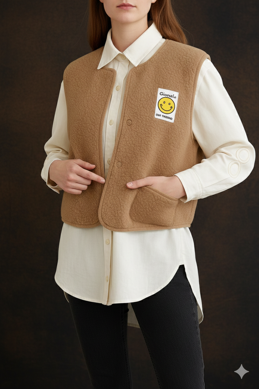 Damen Teddyfellweste mit Smiley Patches