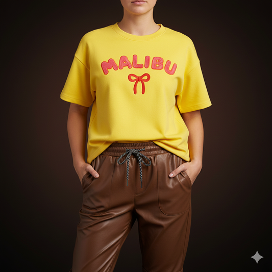 Damen T-Shirt Kurzarmsweatshirt mit Motiv Malibu in gelb