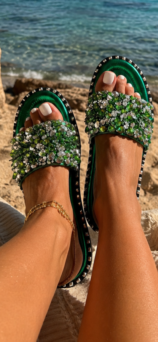 Emerald Glam Sandalen – Funkelnde Luxus Slipper in Smaragdgrün