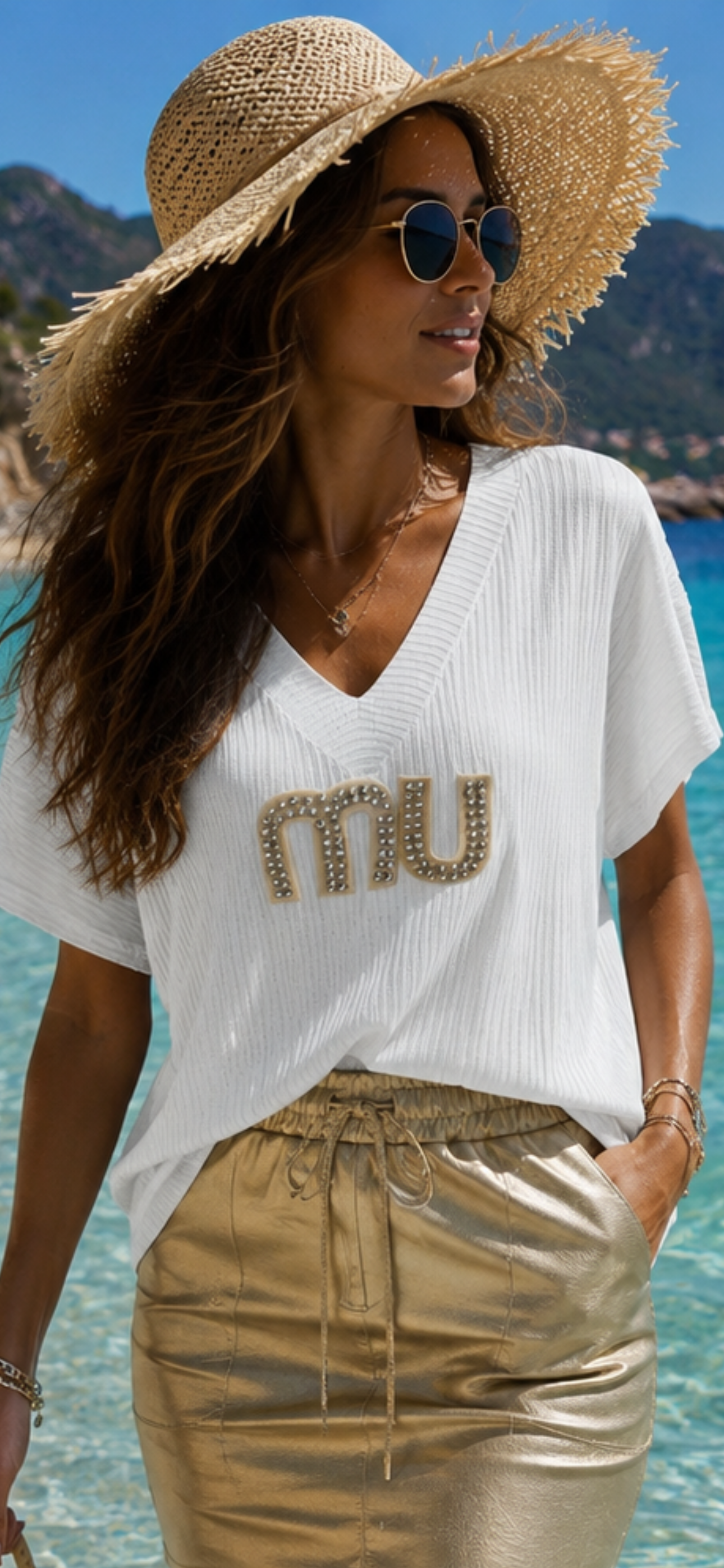 Sommer-Shirt MU Weiß und Beige mit Strasssteinen – weich fallende Viskose 38–44
