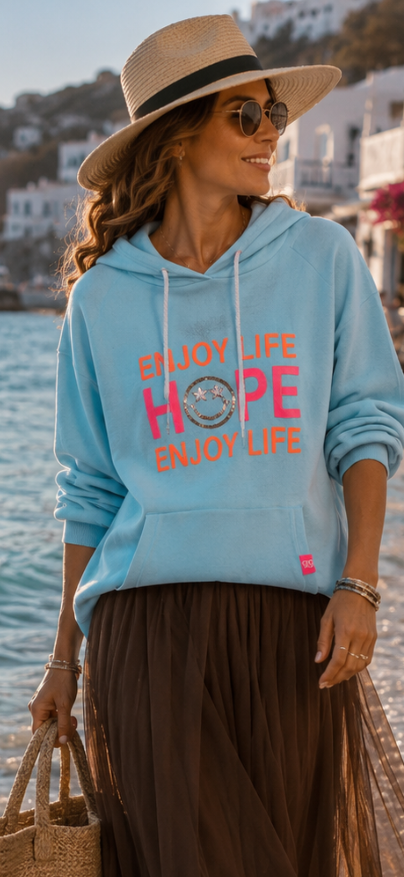 💙 Twin Heart Hoodie "Enjoy Life Hope" - Oversize Hoodie with Rhinestones | Light Blue | L/XL