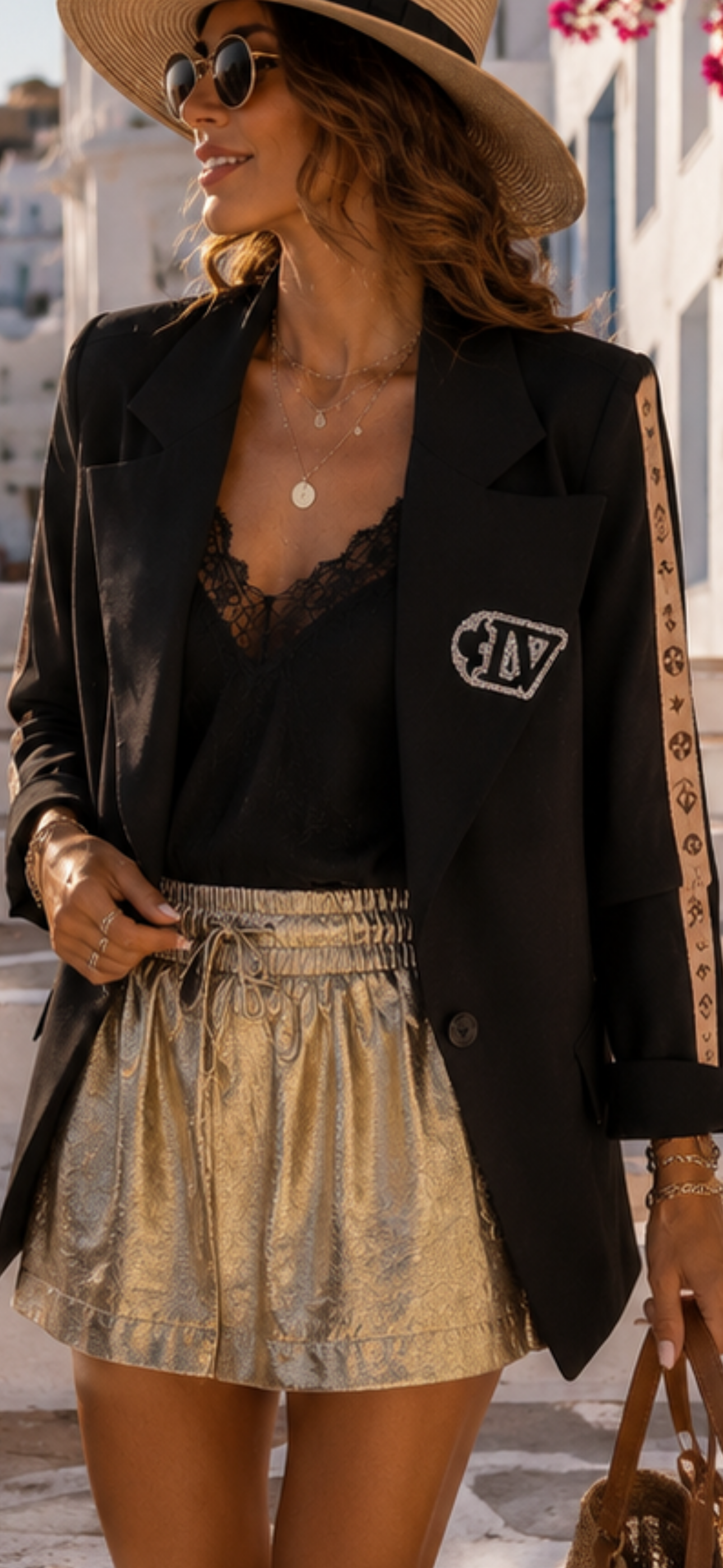 🖤 Women's Black+Brown Blazer with Rhinestone Embellishment | Stretch Blazer 38–42