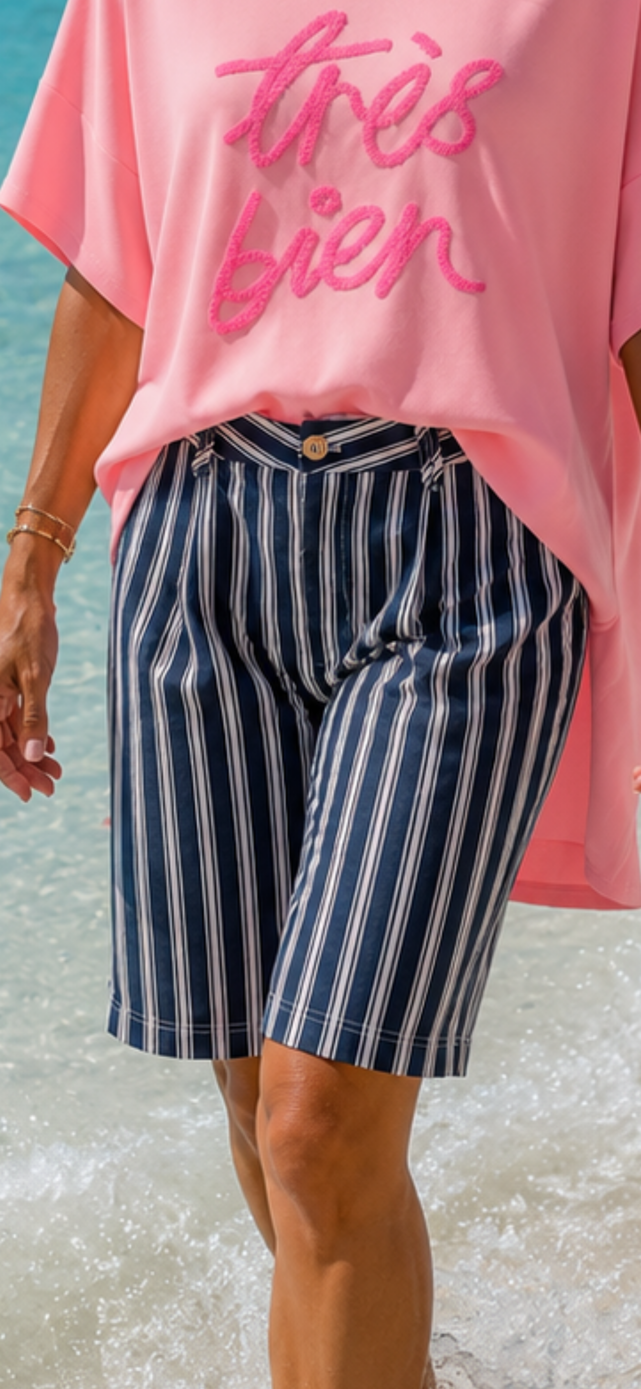 Damen Bermuda Shorts Blau – Baumwoll Shorts mit Streifen & Gummibund | Sommerhose L