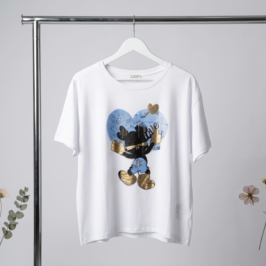 Curvy Mickey Mouse T-Shirt Weiß Rosa-Gold oder Weiß Blau-Gold – Baumwollshirt Oversize Damen 40–48