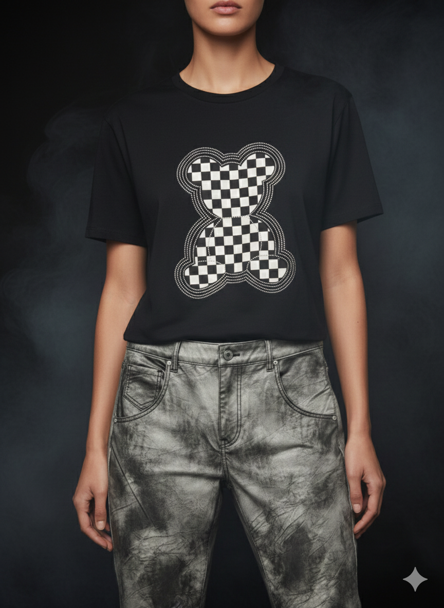 Damen T-Shirt mit Teddy-Print im Checkerboard-Design