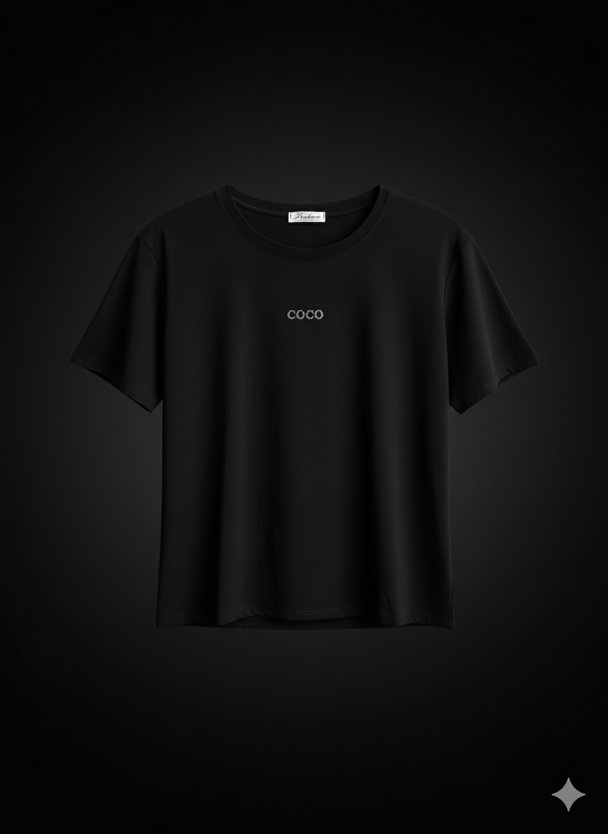 Dames T-shirt met COCO-strassprint, katoenen shirt, zwart (38-42)