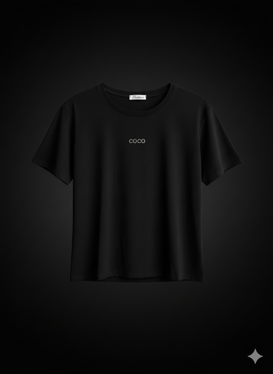 Schwarzes Damen T-Shirt mit COCO-Steinchenprint