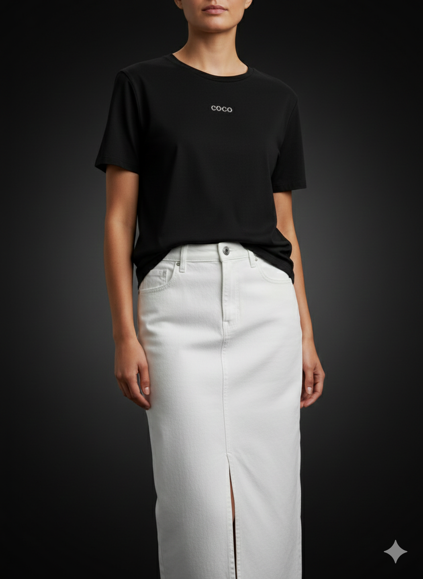 Dames T-shirt met COCO-strassprint, katoenen shirt, zwart (38-42)