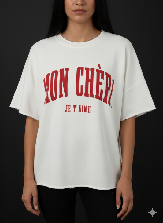 Dames sweatshirt met korte mouwen van katoen – Wit met Mon Cherie-motief