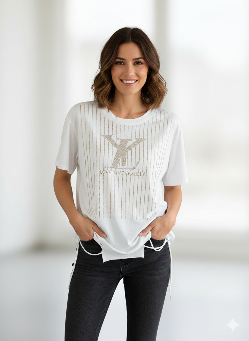 Viskose Damen T-Shirt mit Print – Beige & Weiß