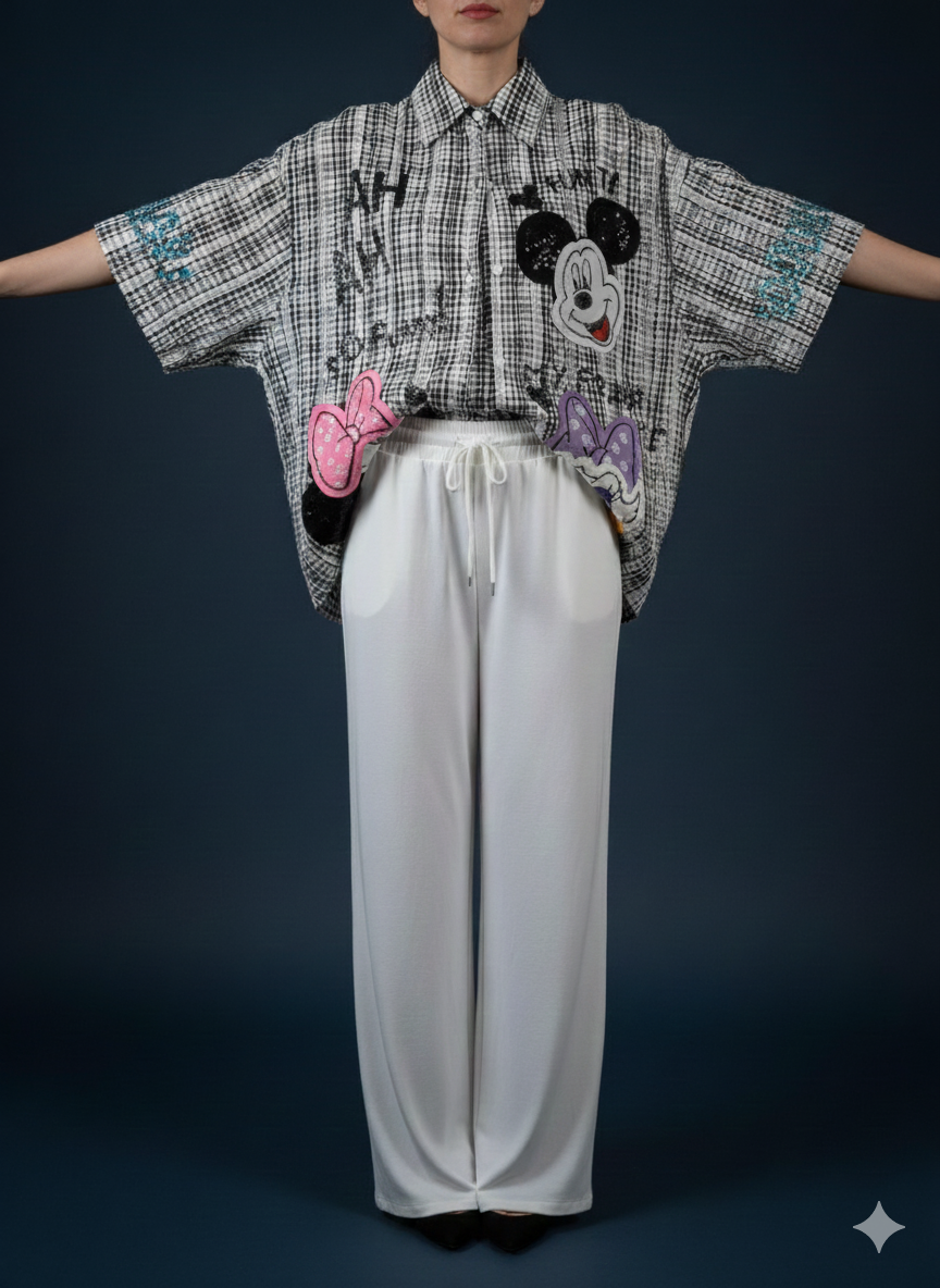 Oversized damesblouse met Mickey Mouse-print en pailletten (maat 38-48)