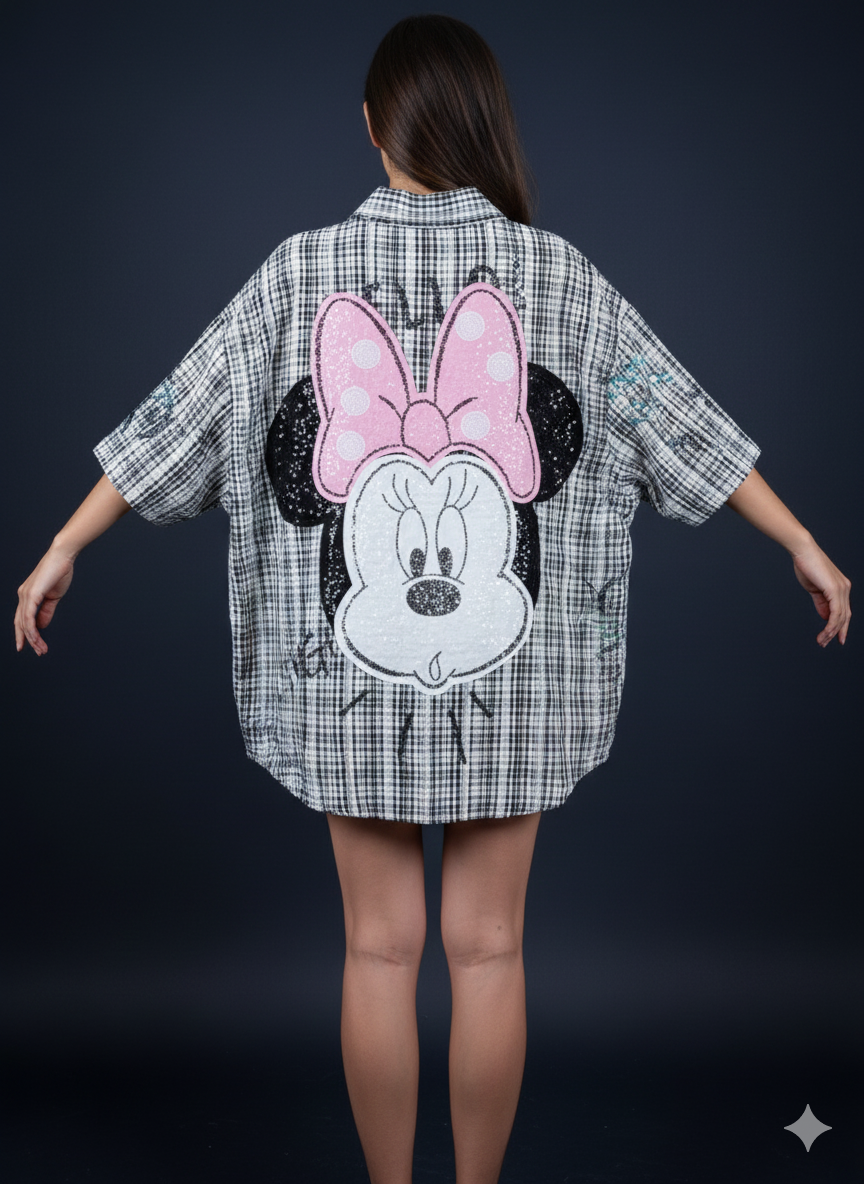 Oversized damesblouse met Mickey Mouse-print en pailletten (maat 38-48)