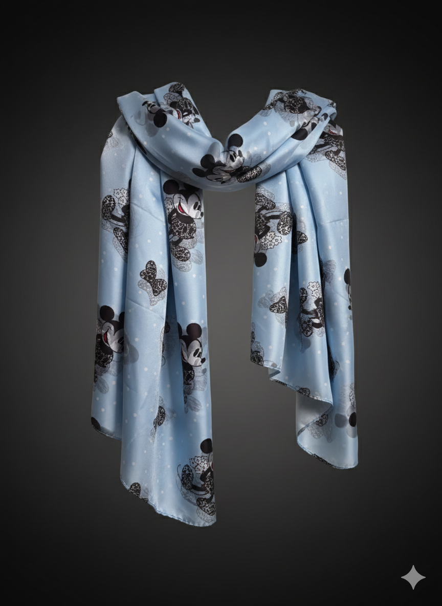 Zijden viscose sjaal met Mickey Mouse-print – Blauw, Roze & Zalmkleurig