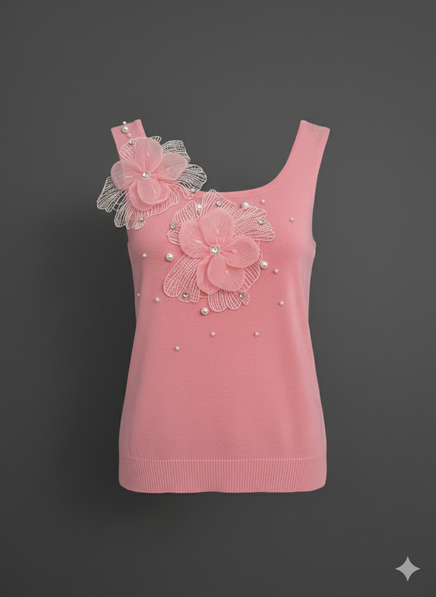 Blumiges Perlen-Top mit Strass – Damen Top