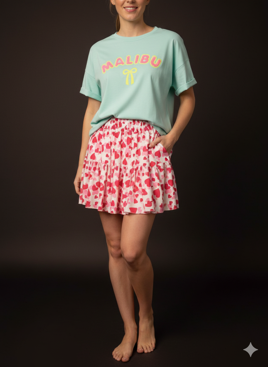 Damen Sweatshirt Kurzarm in Türkis mit Motiv Malibu