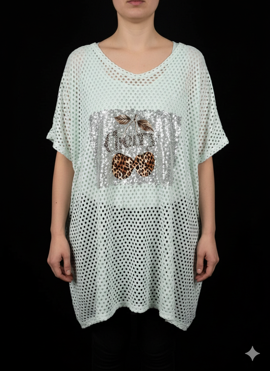 Netz Overshirt im Oversize-Look mit Leo-Kirschen – Sommerlich & stylisch