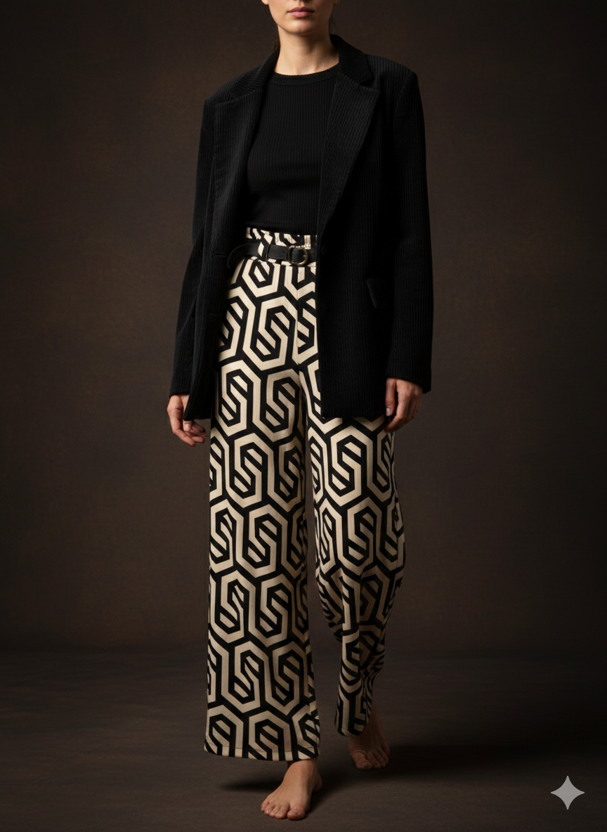 Opvallende broek met geometrische print – hoge taille en comfortabel