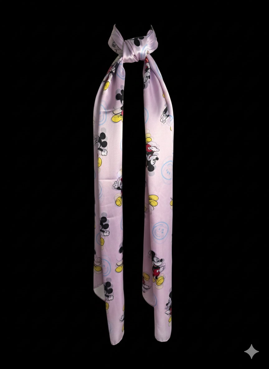 Zijden viscose sjaal met Mickey Mouse-print – Blauw, Roze & Zalmkleurig