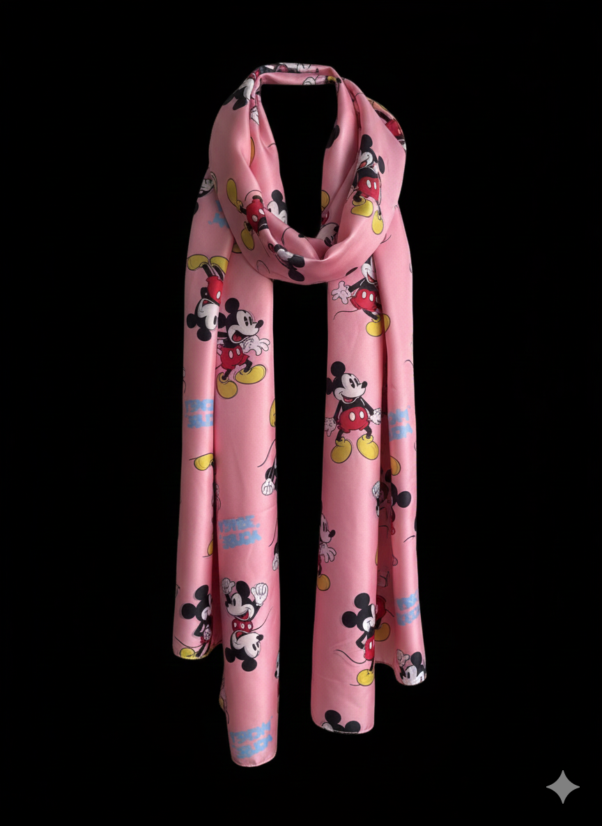Zijden viscose sjaal met Mickey Mouse-print – Blauw, Roze & Zalmkleurig