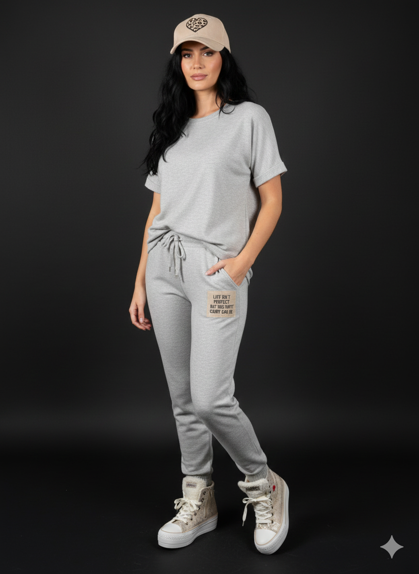 Damen Zweiteiler Grau Set aus Tshirt und Hose 38-42+