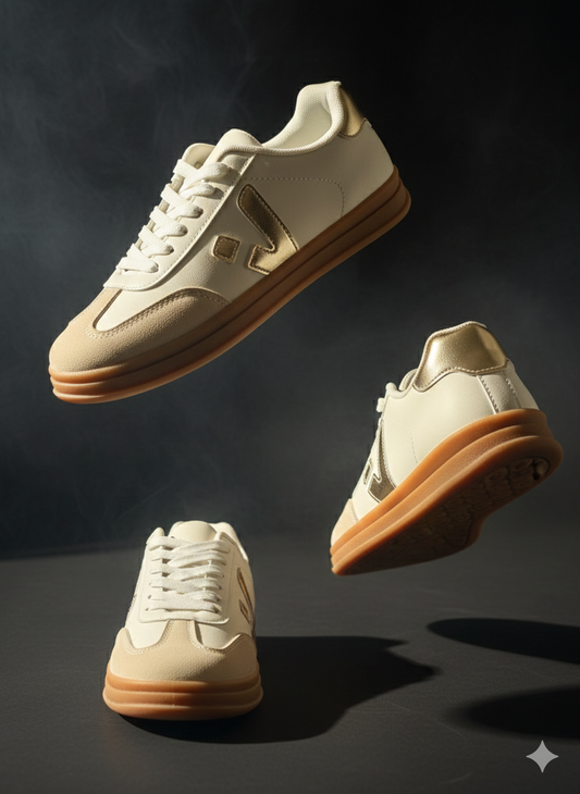 Damessneakers in beige met metallic details