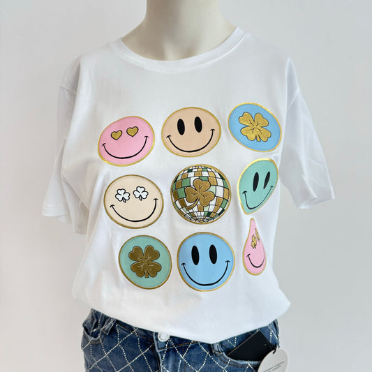 Damen-T-Shirt mit fröhlichen Smiley-Applikationen