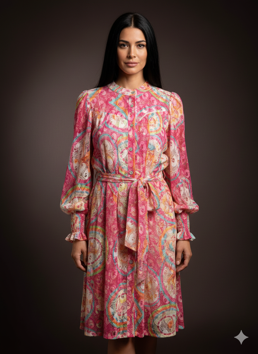 Dames midi-jurk met strikceintuur (maten 36-46)