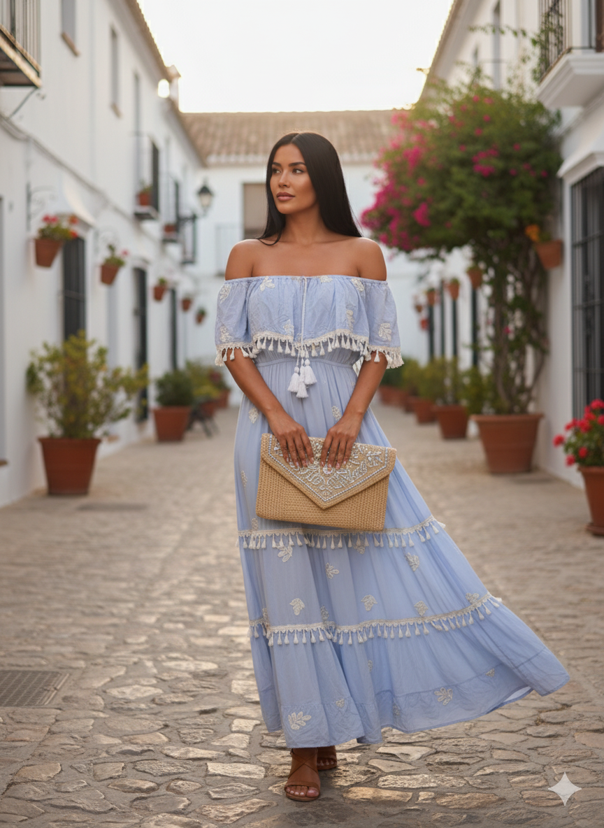 Damenkleid Maxikleid Bohokleid Schulterfreies Kleid (38-42)