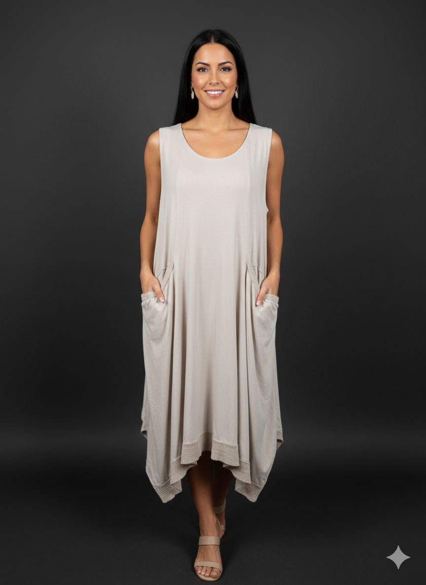 Maxi-jurk voor dames, katoenen jurk met zakken en gehaakte details (maat 38-42)