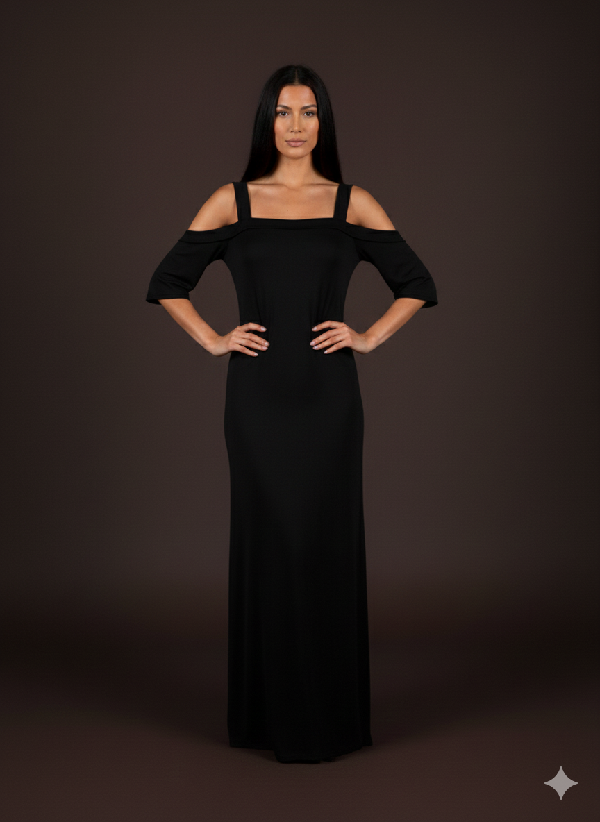 Dames midi-jurk met blote schouders – in roze en zwart (maat 38-42)