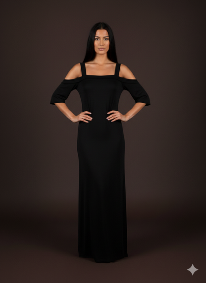 Dames midi-jurk met blote schouders – in roze en zwart (maat 38-42)