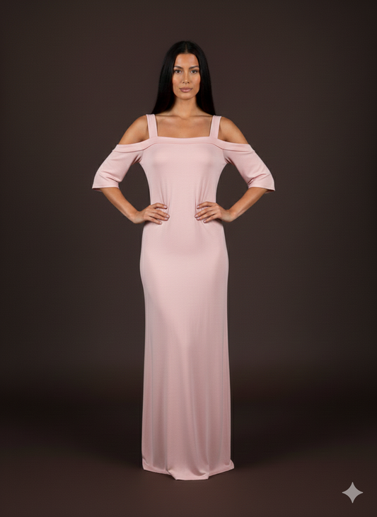 Dames midi-jurk met blote schouders – in roze en zwart (maat 38-42)