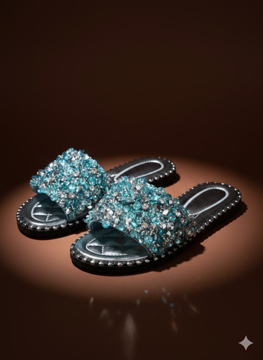 Damensandalen mit blauen Schmucksteinen